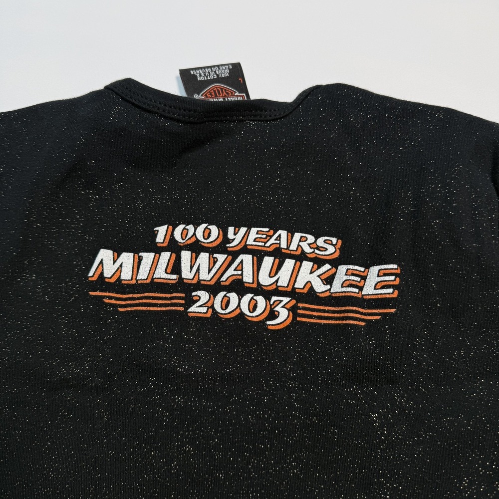 Harley-Davidson Womens Shirt Large Black‎ VTG 100 Years Milwaukee 2003 Glitter